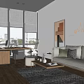 Modern Office Interior With Large Windows Work Desk Sofa And Decorative Wall Art 3d model