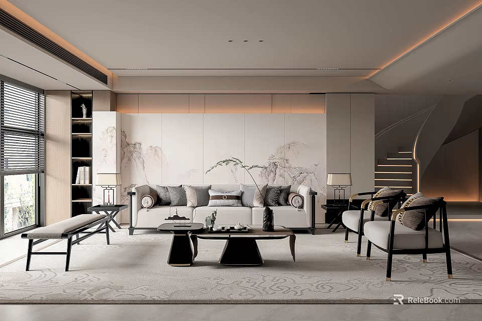 Elegant Modern Living Room Interior With Chinese Elements Sofa Coffee Table Carpet And Staircase 3d model 