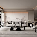 Elegant Modern Living Room Interior With Chinese Elements Sofa Coffee Table Carpet And Staircase