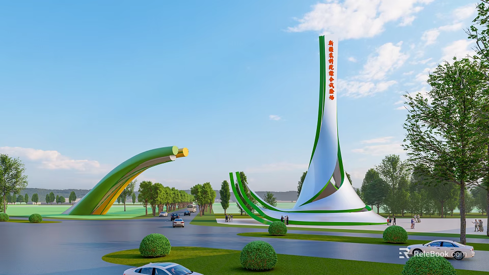 Modern Entrance Gate With Green White Curved Arch Structure Trees Road And Cars 3d model 