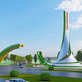 Modern Entrance Gate With Green White Curved Arch Structure Trees Road And Cars