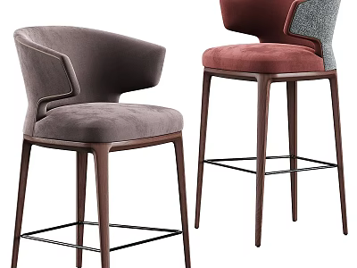 Luxury Soft Upholstered Bar Chairs With Solid Wood Legs For Modern Home Kitchen Bar Areas 3d model