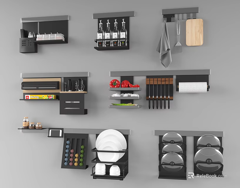 Modern Kitchen Shelving Units For Organizing Utensils Dishes Spices And Kitchen Tools 3d model 