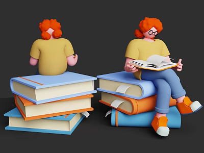 Red Haired Character With Glasses Sitting On Colorful Book Stack Reading Open Book 3d model
