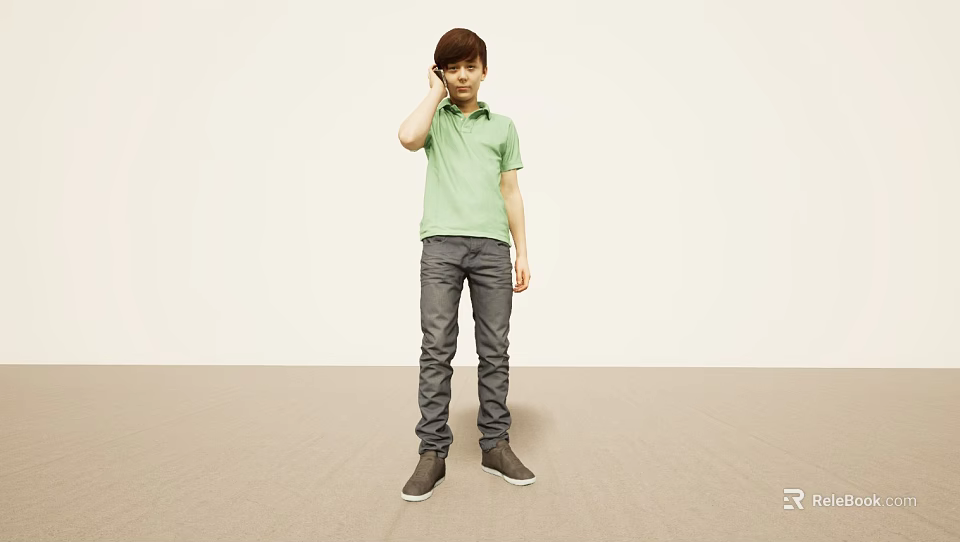 Man Standing in Green Polo Shirt Gray Pants and Gray Shoes Touching Ear with One Hand 3d model 