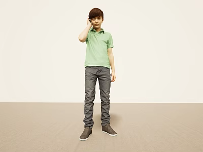Man Standing in Green Polo Shirt Gray Pants and Gray Shoes Touching Ear with One Hand 3d model