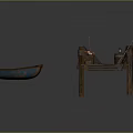 Wooden Dock Scene With Wooden Posts Ropes Fishing Net Lifebuoy And Small Boat