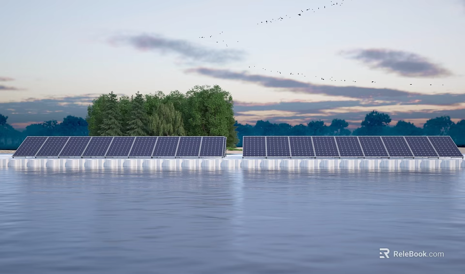 Floating Solar Panels Installation on Water Surface with Green Trees and Cloudy Sky 3d model