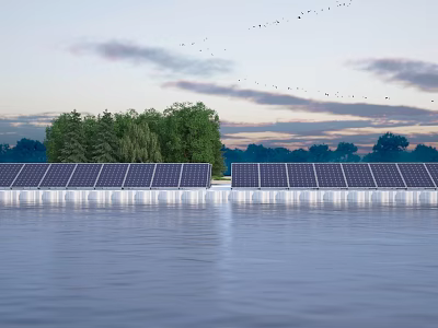 Floating Solar Panels Installation on Water Surface with Green Trees and Cloudy Sky 3d model