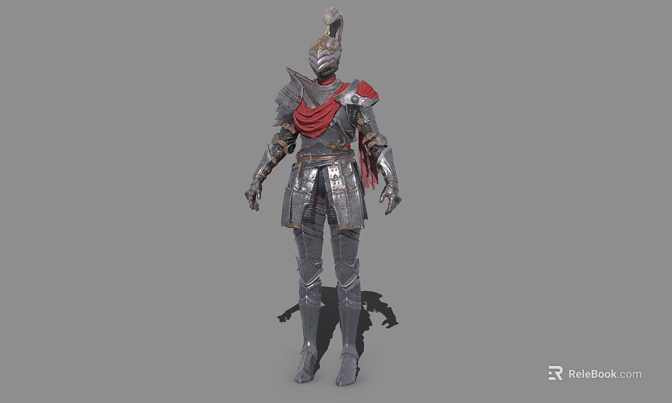 Armored Game Movie Character With Metal Armor Red Cape And Decorative Helmet 3d model 