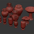 Ancient Greek Pottery Collection With Various Shapes Black Orange Vases And Carved Patterns
