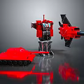 Detailed Red Mechanical Robot Tank And Airplane Models On Reflective Surface 3d model