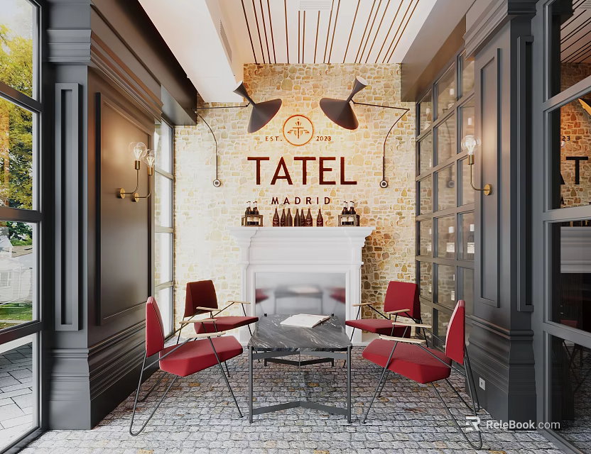 TATEL Restaurant Interior With Brick Wall Fireplace Red Chairs And Black Table 3d model