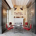 TATEL Restaurant Interior With Brick Wall Fireplace Red Chairs And Black Table 3d model