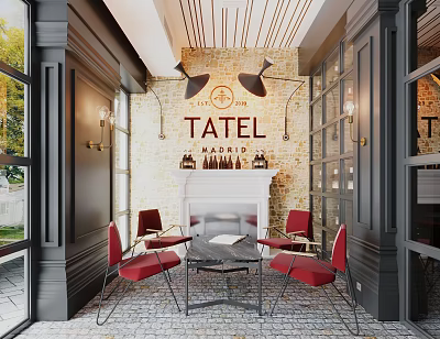 TATEL Restaurant Interior With Brick Wall Fireplace Red Chairs And Black Table 3d model