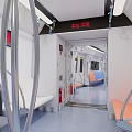 Modern Subway Carriage Interior With Blue Orange Seats And Metal Handrails