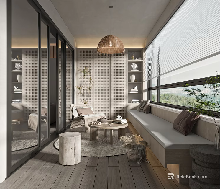 Modern Cozy Home Balcony Design With Sofa Coffee Table Decorative Shelves And Green Plants 3d model 