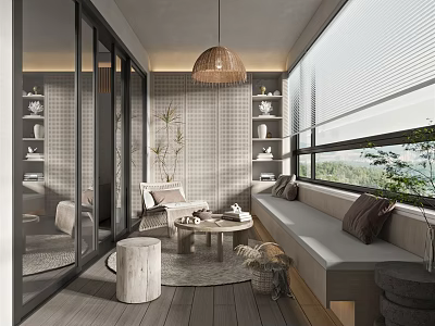 Modern Cozy Home Balcony Design With Sofa Coffee Table Decorative Shelves And Green Plants 3d model