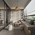 Modern Cozy Home Balcony Design With Sofa Coffee Table Decorative Shelves And Green Plants