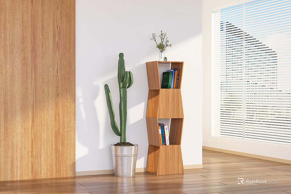 Wooden Geometric Bookcase With Books And Cactus In Bright Interior Near Window 3d model 