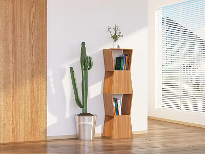 Wooden Geometric Bookcase With Books And Cactus In Bright Interior Near Window 3d model