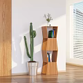 Wooden Geometric Bookcase With Books And Cactus In Bright Interior Near Window
