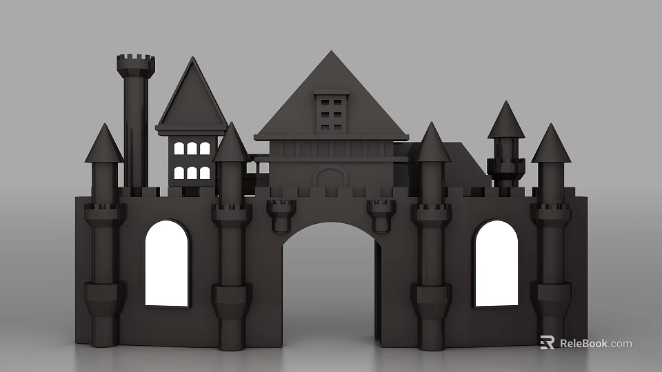 Black Medieval Style Castle Model Archway with Spires Towers and Windows 3d model