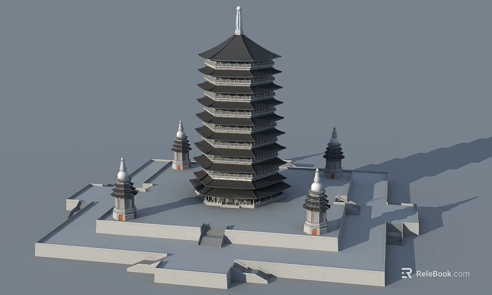Traditional Multi Tiered Pagoda Structure With Surrounding Small Pagodas And Platform Base 3d model 