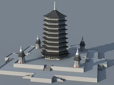 Traditional Multi Tiered Pagoda Structure With Surrounding Small Pagodas And Platform Base 3d model