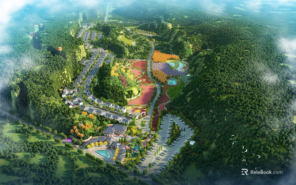 Garden Landscape With Lush Greenery Winding Roads Colorful Flower Fields Ponds And Mountain Forests 3d model 