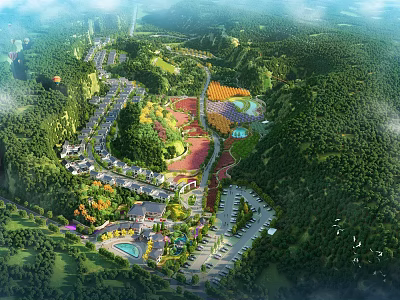 Garden Landscape With Lush Greenery Winding Roads Colorful Flower Fields Ponds And Mountain Forests 3d model