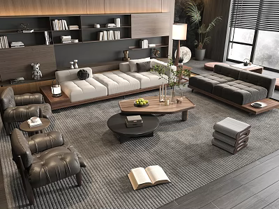 Modern Living Room Sofa And Coffee Table Set With Bookshelf Plant Leather Chairs And Window 3d model