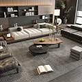 Modern Living Room Sofa And Coffee Table Set With Bookshelf Plant Leather Chairs And Window