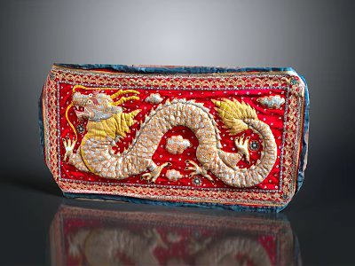 Red Rectangular Lifestyle Pouch With Exquisite Yellow Dragon Embroidery And Blue Border 3d model