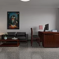 Traditional Office Interior With Leather Sofa Wooden Desk Computer Wall Painting And Coffee Table