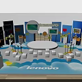 Lenovo Exhibition Booth With Blue Backdrops Display Screens White Seats And Podiums
