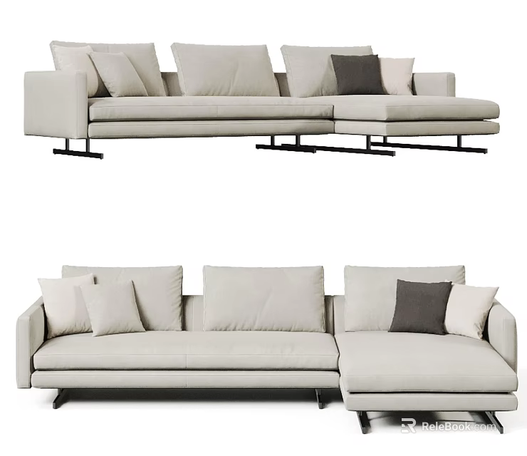 Modern Beige Sectional Sofa With Multiple Cushions And Gray Accent Pillow 3d model 