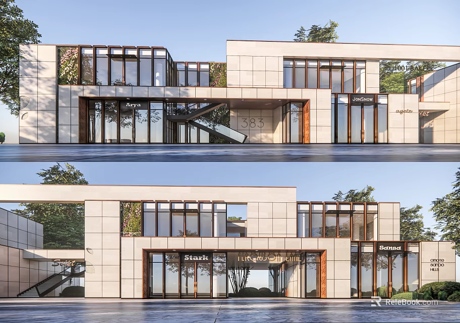 Modern Commercial Complex Architectural Design With Glass Facade Stone Wall And Greenery 3d model 