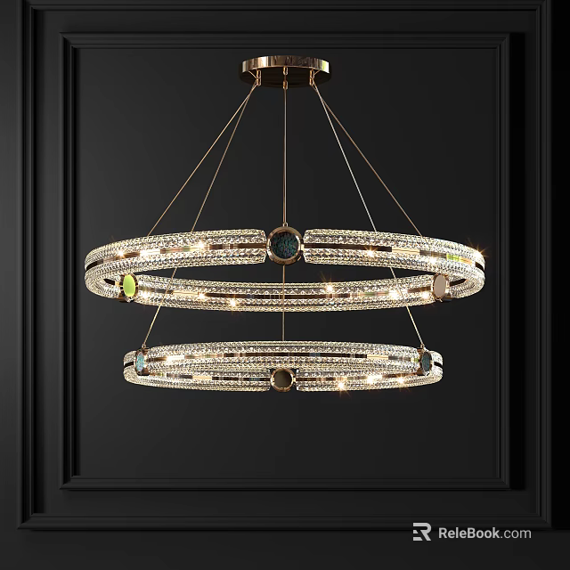 Double Layer Round Crystal Chandelier With Illuminated Crystal Decorations Against Black Background 3d model