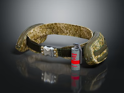 Camouflage Pattern Belt With Metal Buckle And Black Strap Plus Red Spray Can 3d model
