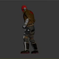 3D Action Character Model With Red Helmet Brown Jacket Gray Pants And Metal Leg Guards