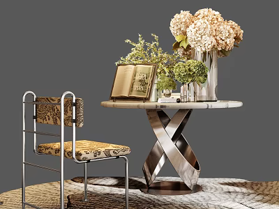 Modern Light Luxury Table And Chair Set With Patterned Upholstered Chair And Delicate Desktop Decorations 3d model