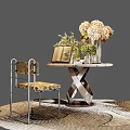 Modern Light Luxury Table And Chair Set With Patterned Upholstered Chair And Delicate Desktop Decorations