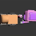 Purple Robot With Green Screen Head Pushing Orange Baby Stroller And Red Bottle