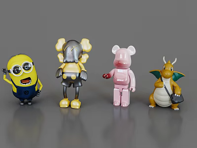 Cartoon Style Decorative Ornament Set With Minion Robot Pink Bear And Green Dragon Figures 3d model