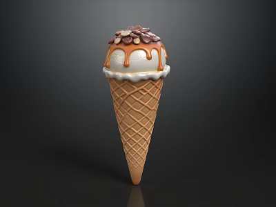 Creamy Ice Cream Cone With Waffle Base Topped Chopped Nuts And Caramel Drizzle 3d model