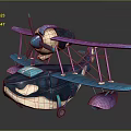 Cartoon Passenger Plane with Purple and Blue Biplane Wings and Decorative Propeller Design