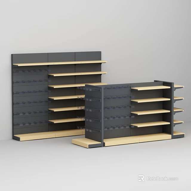 Tall And Low Modular Retail Display Shelves With Black Frames And Wooden Tiered Shelves 3d model 