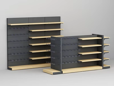 Tall And Low Modular Retail Display Shelves With Black Frames And Wooden Tiered Shelves 3d model