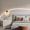 Modern Bedroom Interior With Striped Wall Arched Lighting Bedside Lamps Pillows Round Ottoman And Rug